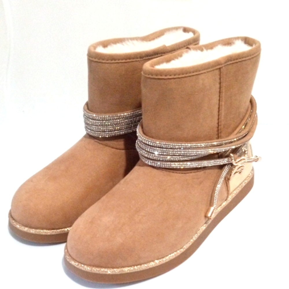 JUICY COUTURE BROWN SHERPA LINED RHINESTONE PULL-ON ANKLE BOOTS SIZE 6 NWT